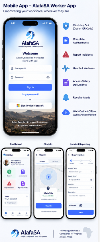 AlafaSA Worker App showing sign-in, dashboard, site clock-in and incident reporting screens